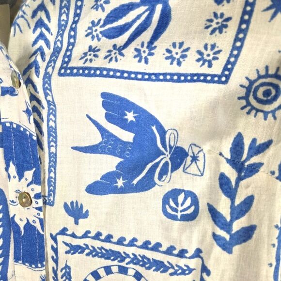 Women's Calyspo Blue and White Graphic Linen Blend Button-Up Shirt Sizs Small - Picture 7 of 11